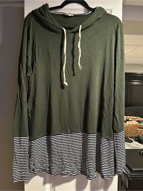 Women's Olive Green Hooded Pullover with Striped Hem